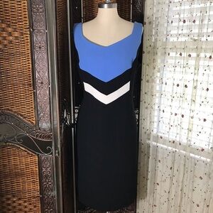 Vintage Perceptions Blue, Black & White Sleeveless Midi Sheath Dress
